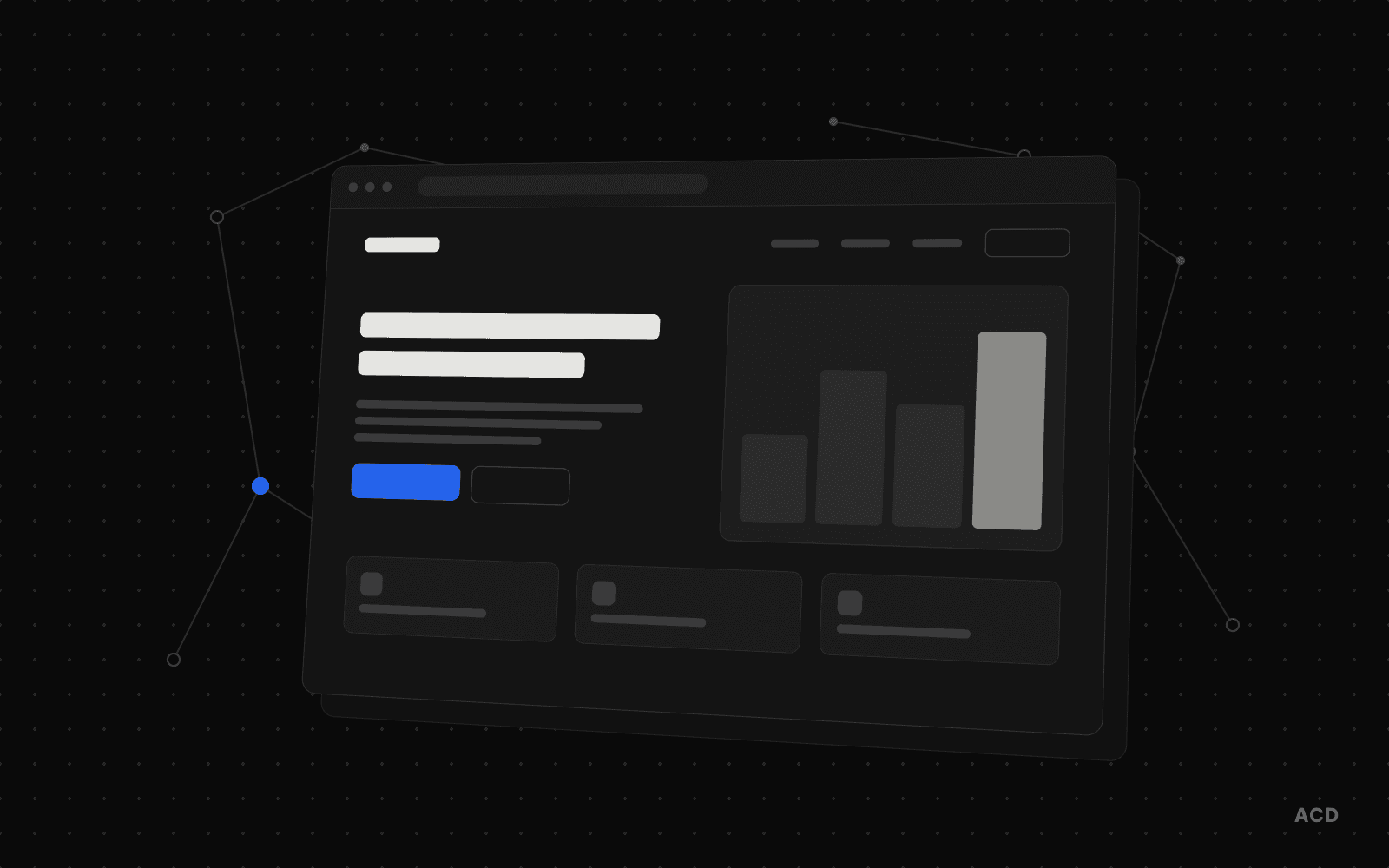 Illustration d'une interface web stylisée (navigateur, graphique en barres) sur fond sombre